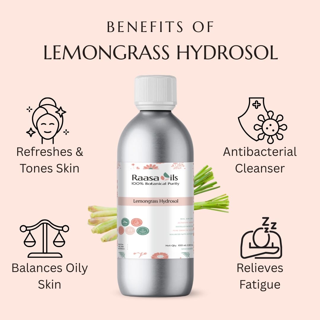 Bottle of Raasa Oils Lemongrass Hydrosol with benefits listed on a pink background