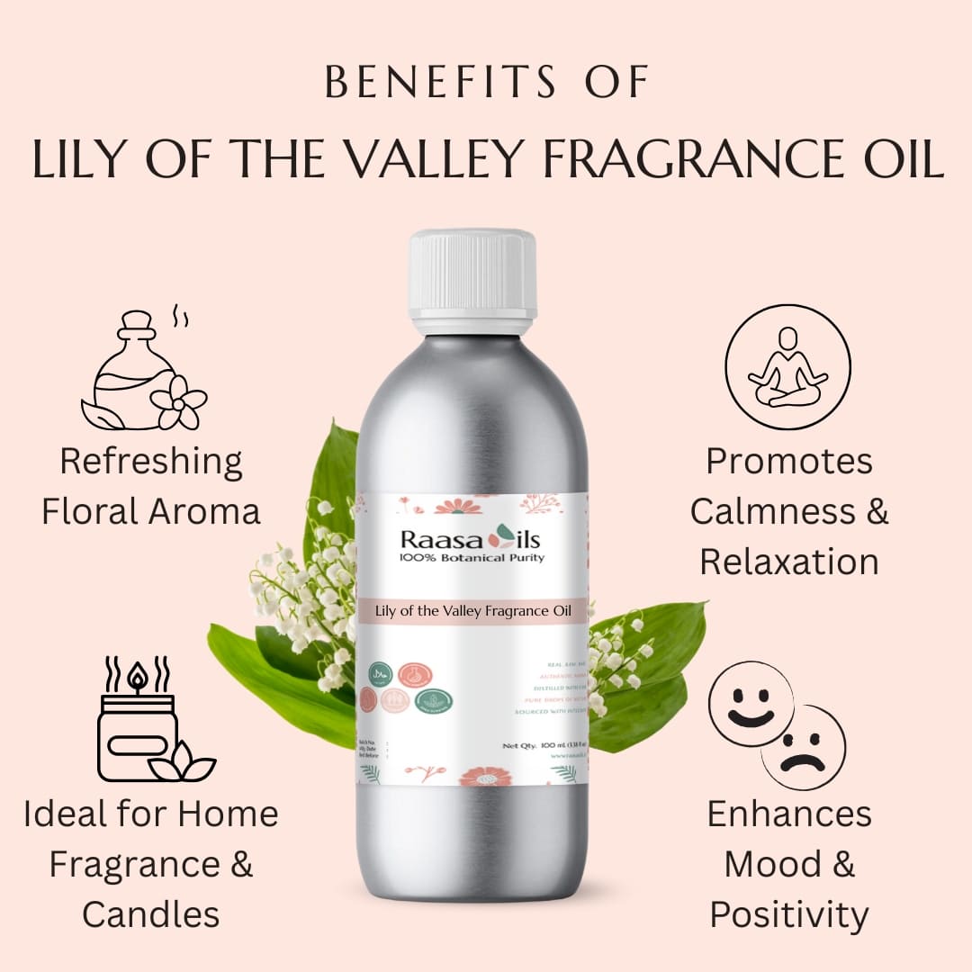 Raasa Oils Lily of the Valley Fragrance Oil bottle with benefits listed on a light pink background