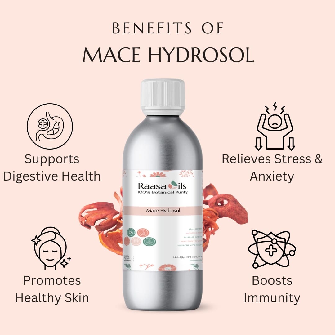 Bottle of Raasa Oils Mace Hydrosol with benefits listed on a pink background