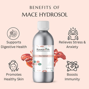 Bottle of Raasa Oils Mace Hydrosol with benefits listed on a pink background