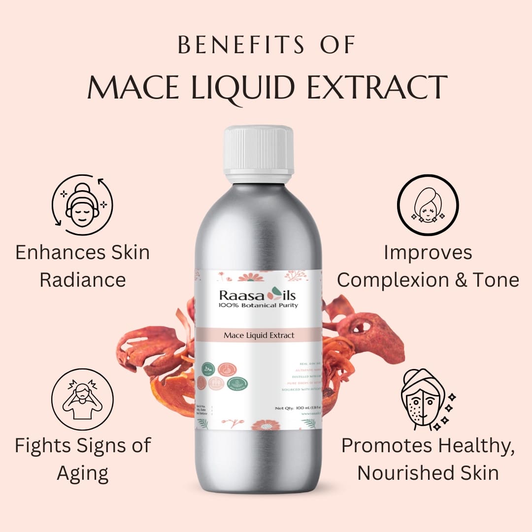 Bottle of Raasa Oils Mace Liquid Extract with benefits listed on a pink background