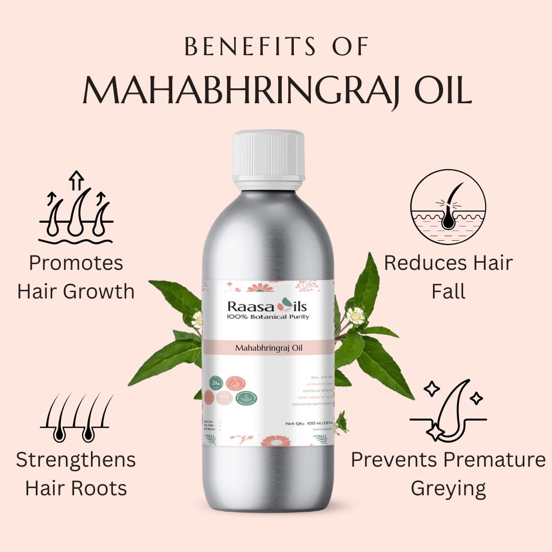 Bottle of Raasa Oils Mahabhringraj Oil with illustrations of hair care benefits on a pink background