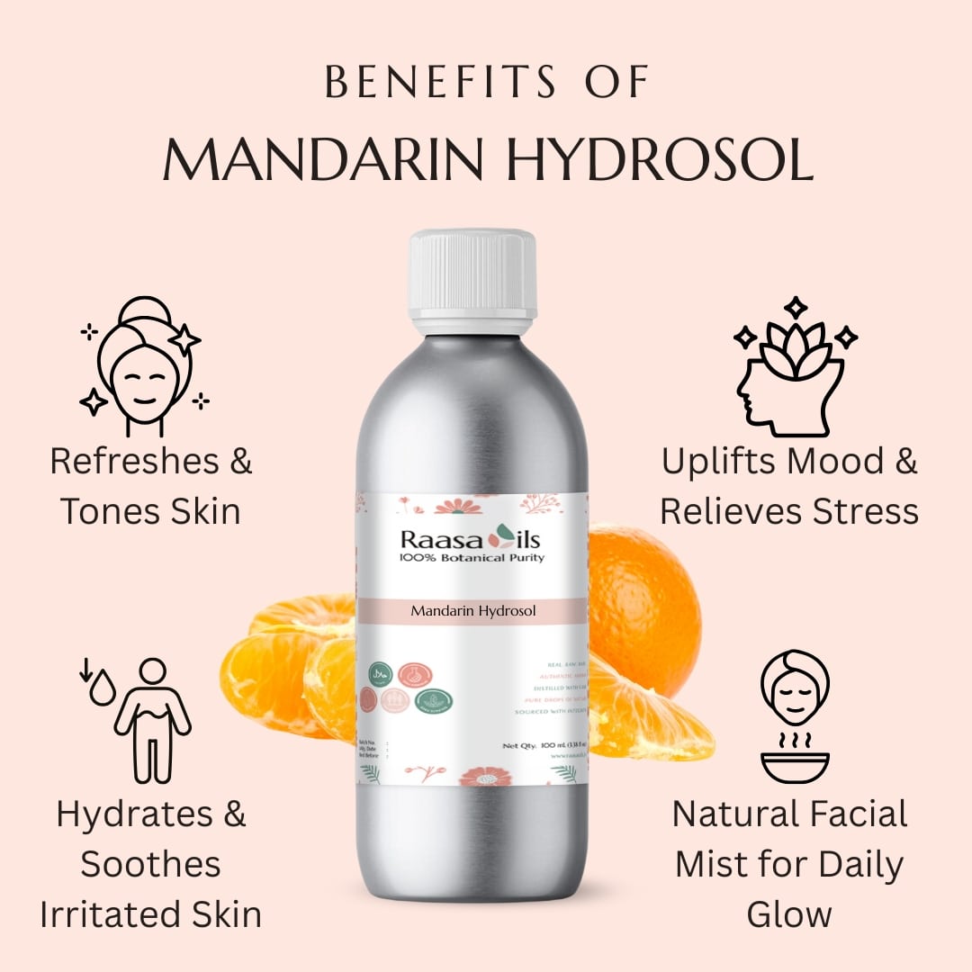 Bottle of Mandarin Hydrosol with benefits listed on a pink background