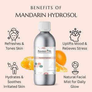 Bottle of Mandarin Hydrosol with benefits listed on a pink background