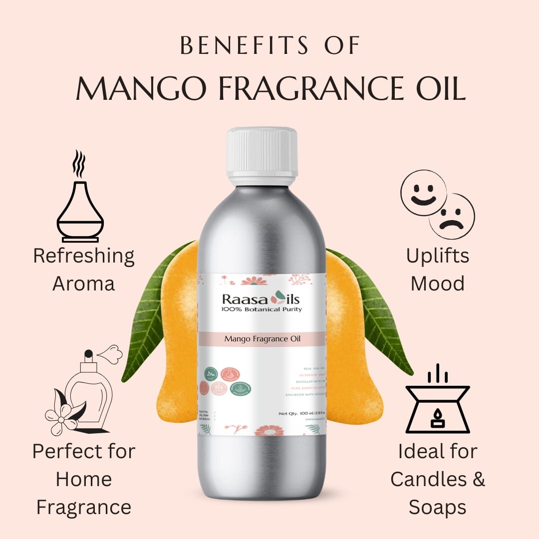 Mango fragrance oil bottle with benefits listed on a pink background