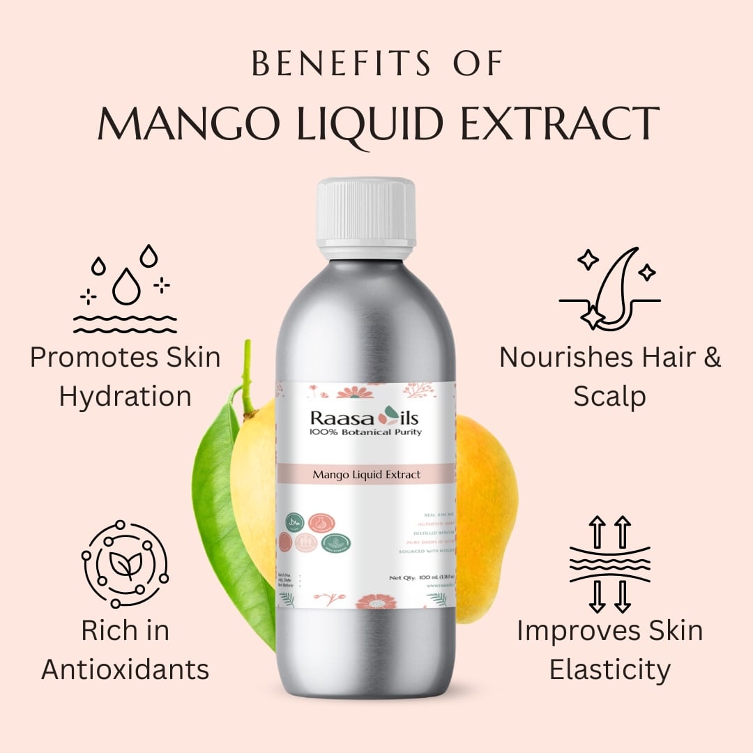 Mango liquid extract bottle with benefits listed on a light pink background