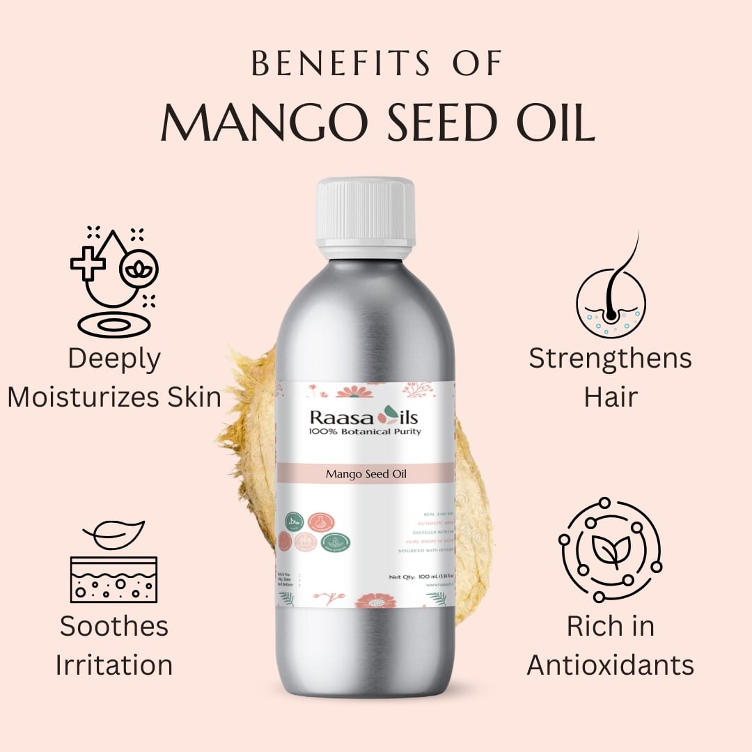 Bottle of Raasa Oils Mango Seed Oil with benefits listed on a pink background