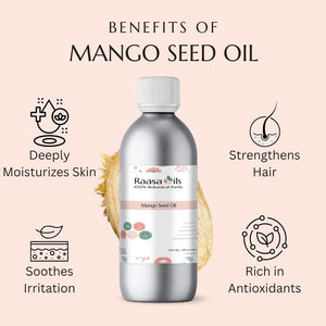 Bottle of Raasa Oils Mango Seed Oil with benefits listed on a pink background