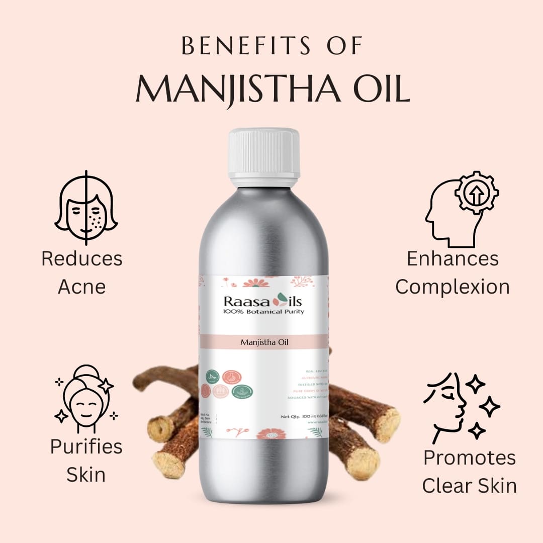 Bottle of Raasa Oils Manjistha Oil with benefits listed on a pink background