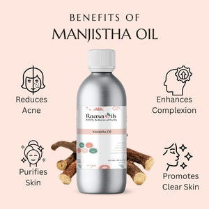Bottle of Raasa Oils Manjistha Oil with benefits listed on a pink background
