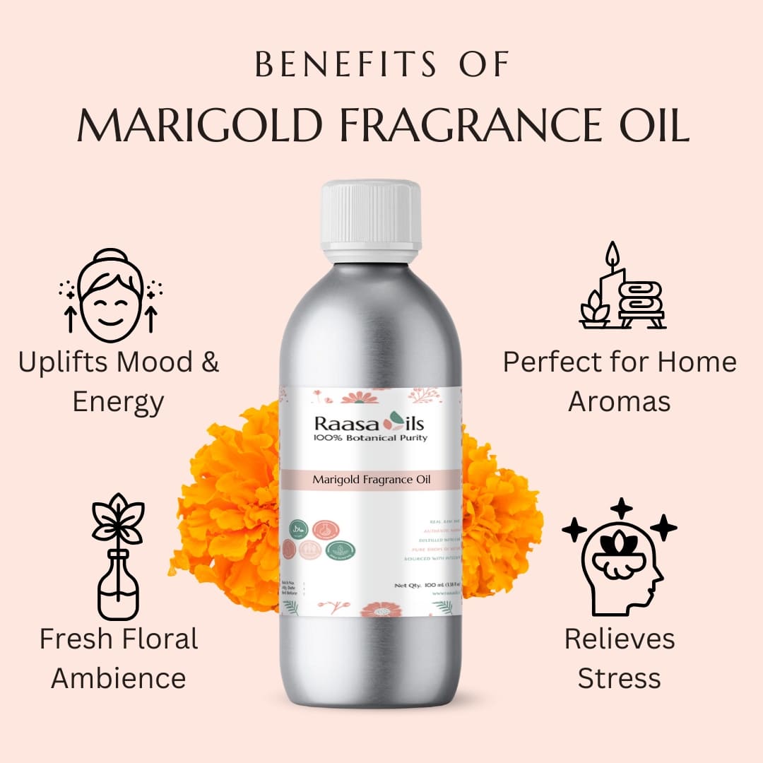 Raasa Oils Marigold Fragrance Oil bottle with benefits listed on a pink background
