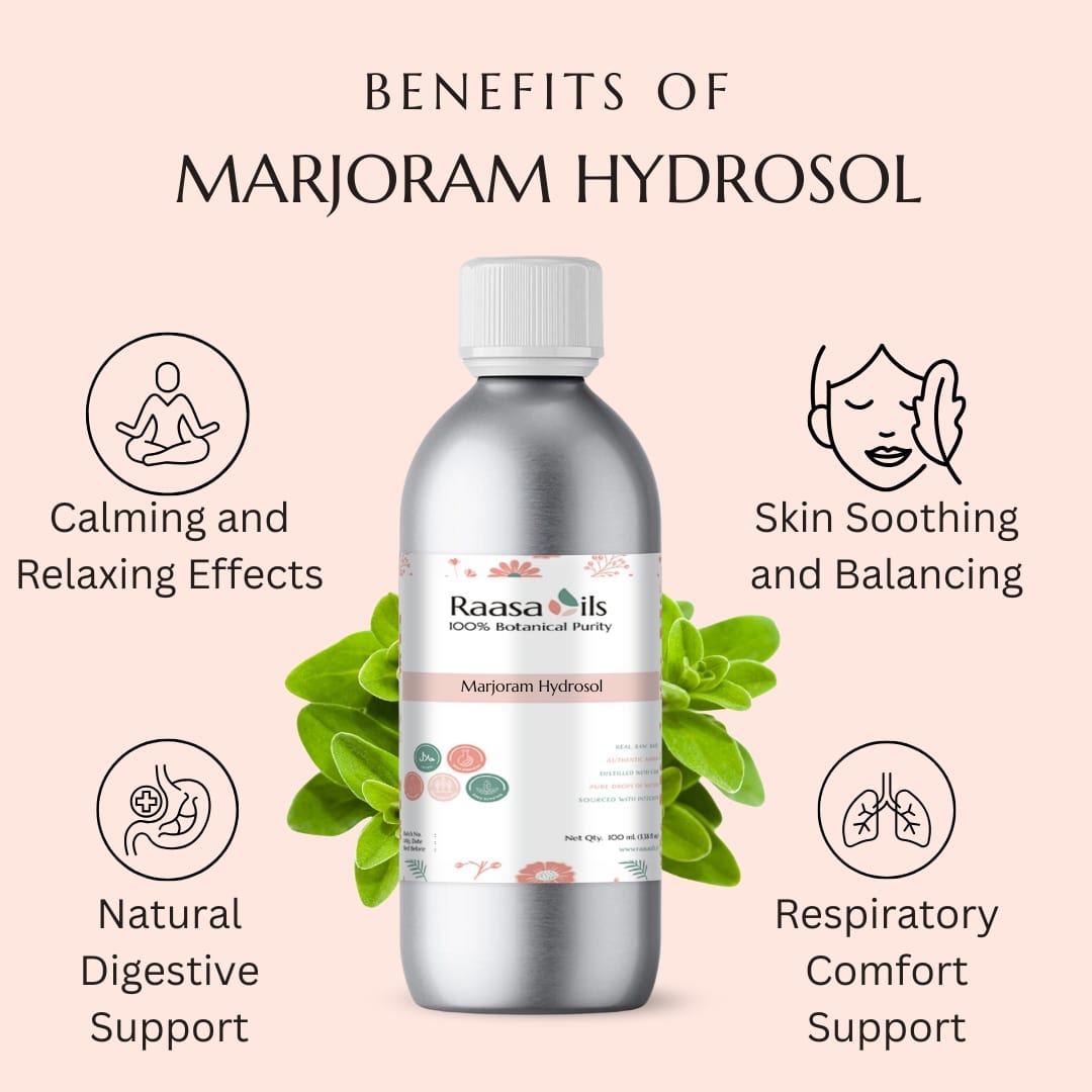 Bottle of Raasa Oils Marjoram Hydrosol with benefits listed on a pink background