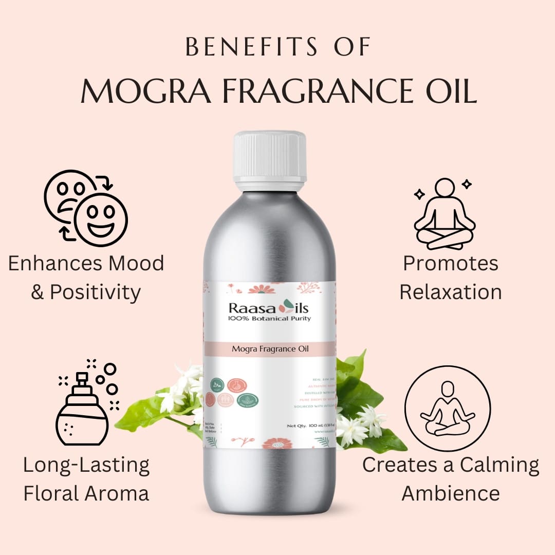 Raasa Oils Mogra Fragrance Oil bottle with benefits listed on a pink background