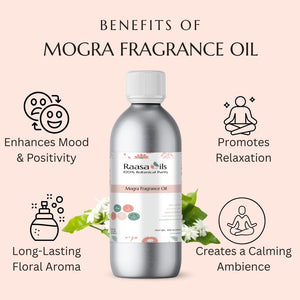 Raasa Oils Mogra Fragrance Oil bottle with benefits listed on a pink background