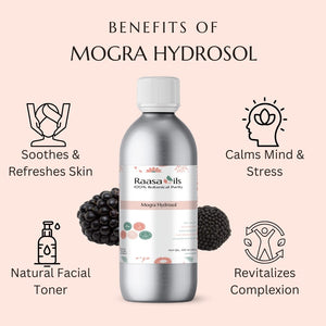 Raasa Oils Mogra Hydrosol bottle with benefits listed on a pink background