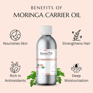 Bottle of Moringa Carrier Oil with benefits listed on a light pink background