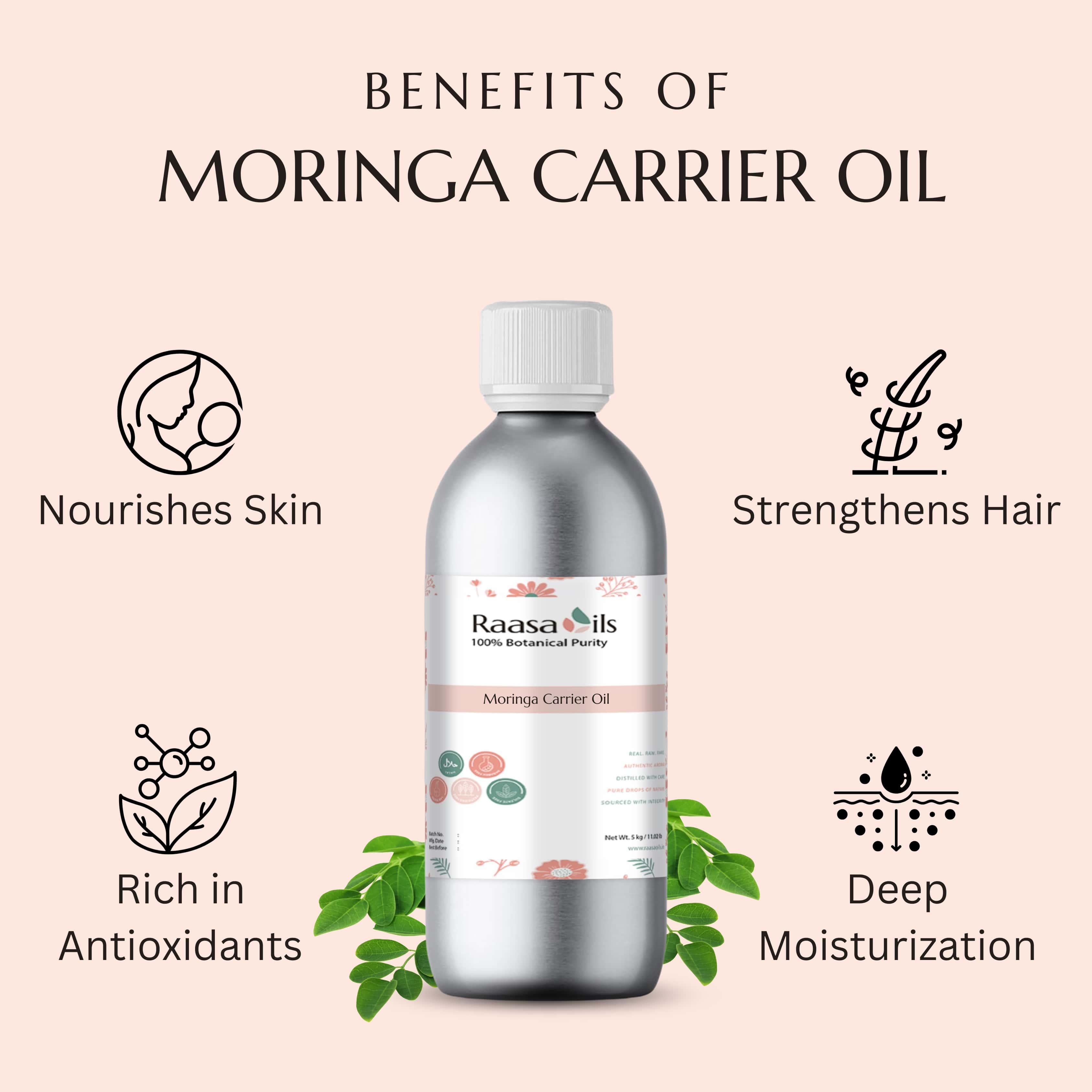 Bottle of Moringa Carrier Oil with benefits listed on a light pink background