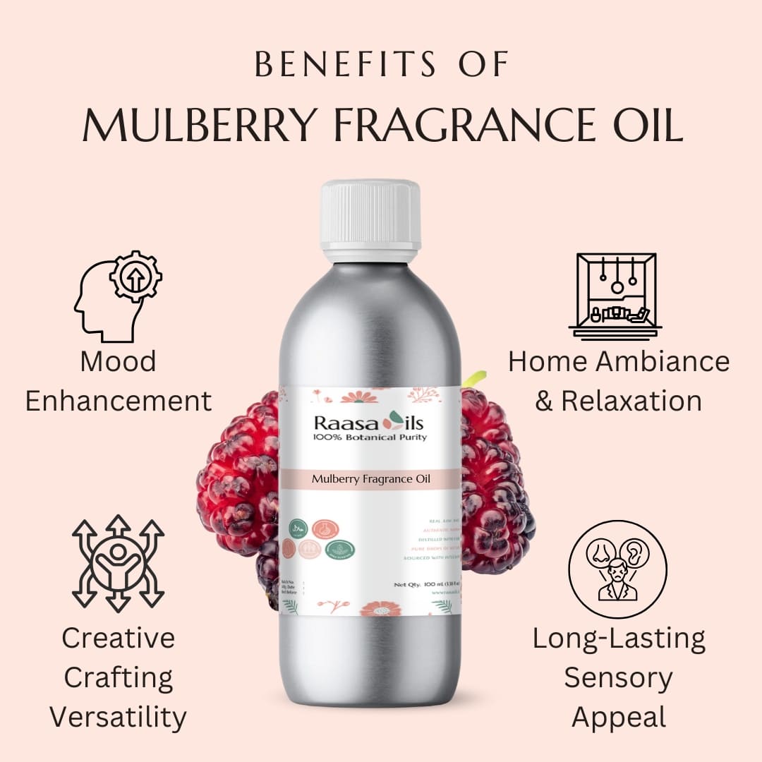 Bottle of Raasa Oils Mulberry Fragrance Oil with benefits listed on a pink background