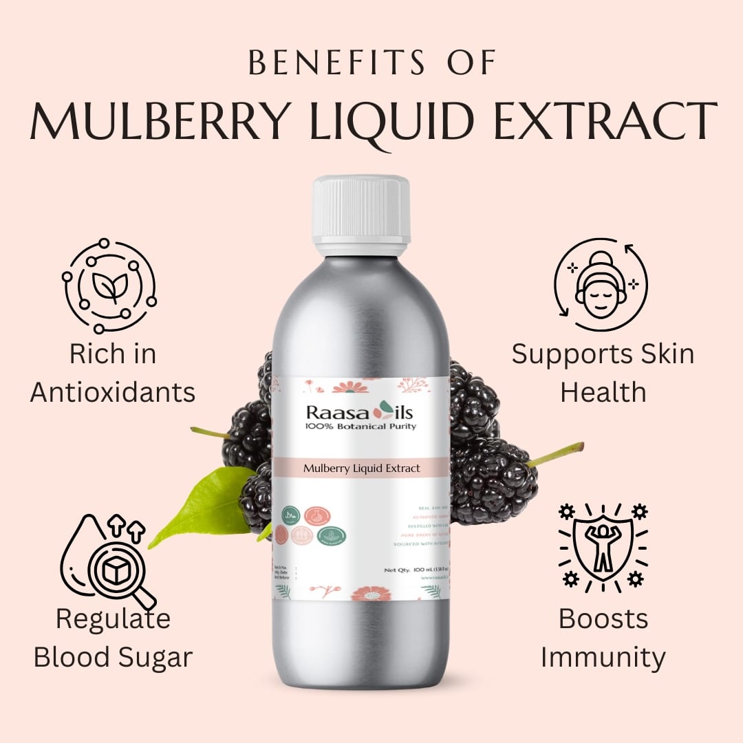 Bottle of Raasa Oils Mulberry Liquid Extract with benefits listed on a pink background