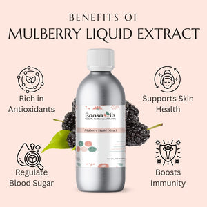 Bottle of Raasa Oils Mulberry Liquid Extract with benefits listed on a pink background