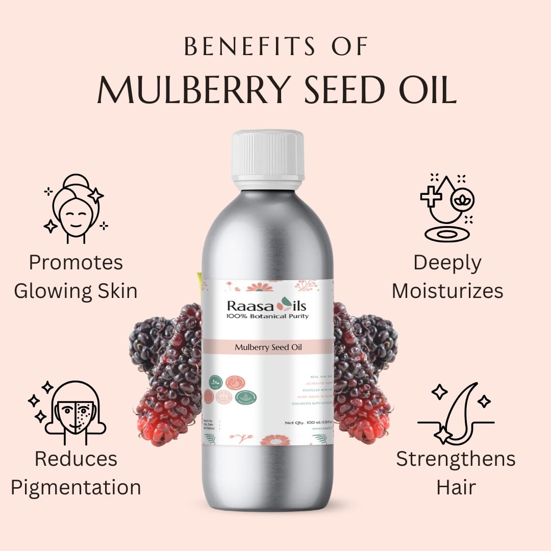 Bottle of Raasa Oils Mulberry Seed Oil with benefits listed on a pink background