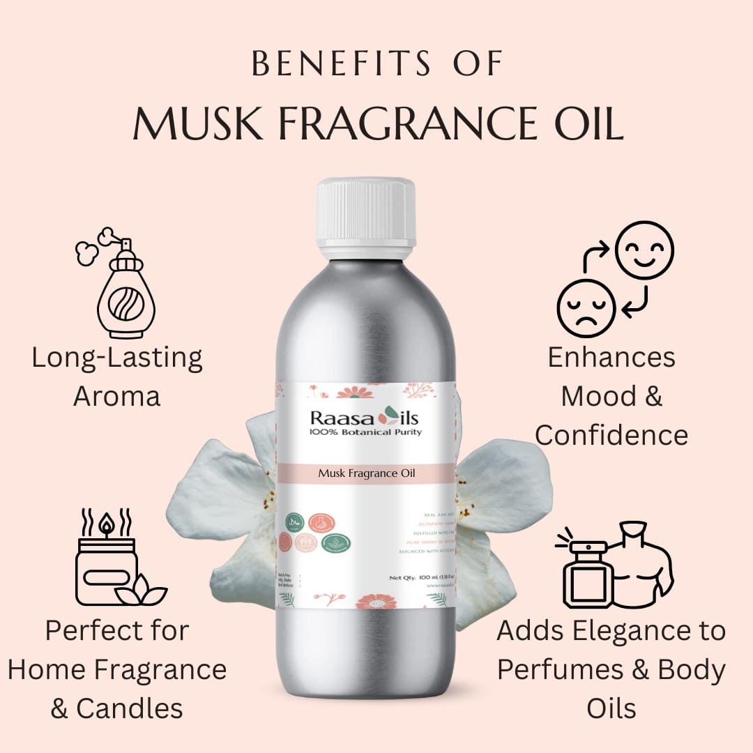 Bottle of Raasa Oils Musk Fragrance Oil with benefits listed on a pink background