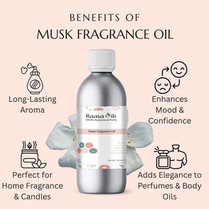 Bottle of Raasa Oils Musk Fragrance Oil with benefits listed on a pink background