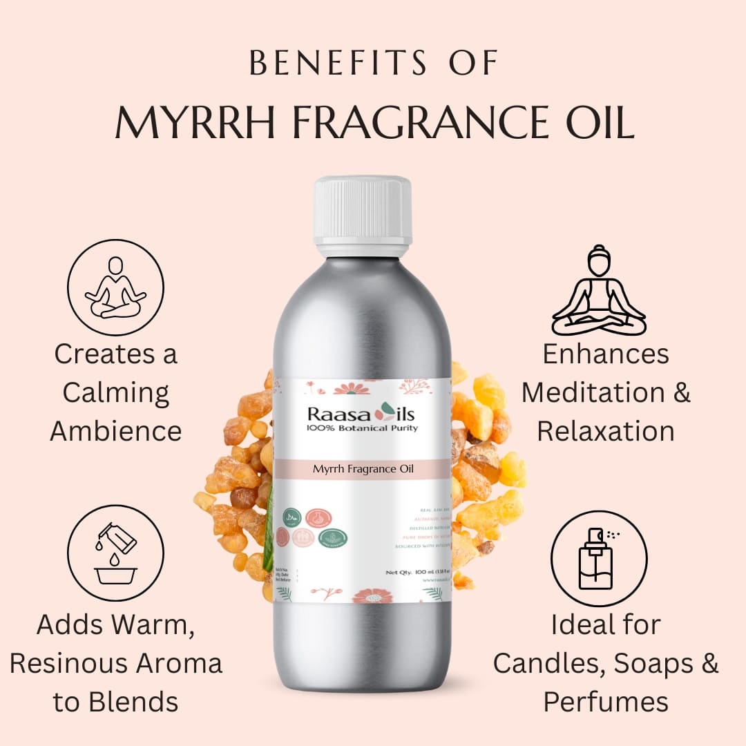 Raasa Oils myrrh fragrance oil bottle with benefits listed on a pink background