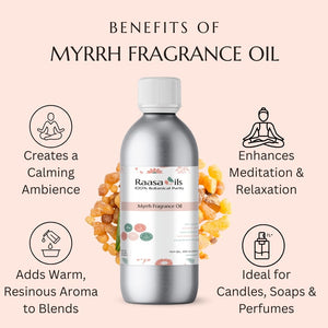 Raasa Oils myrrh fragrance oil bottle with benefits listed on a pink background