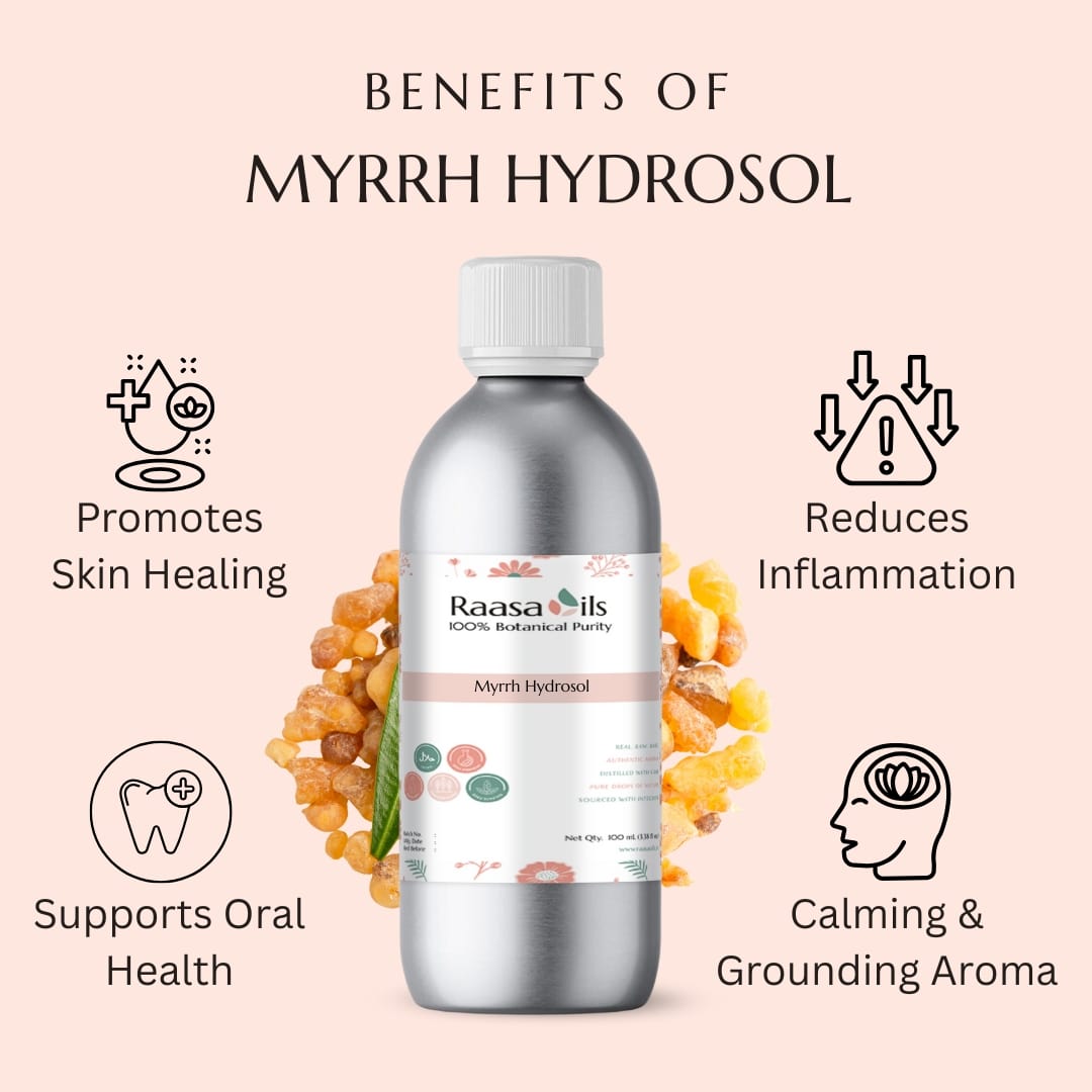 Raasa Oils Myrrh Hydrosol bottle with benefits listed on a pink background