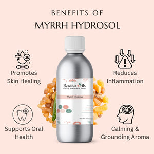 Raasa Oils Myrrh Hydrosol bottle with benefits listed on a pink background