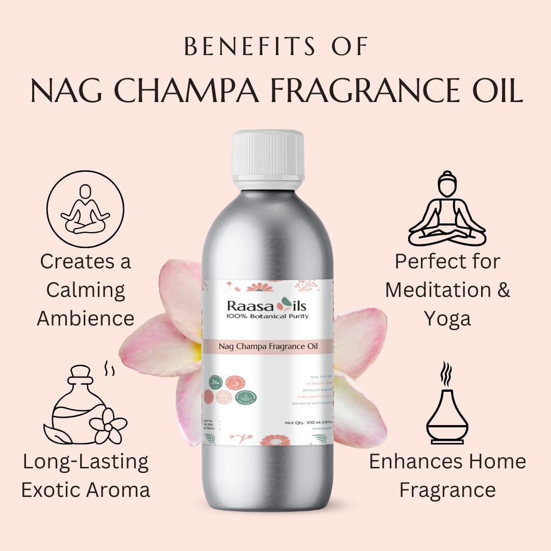 Raasa Oils Nag Champa Fragrance Oil bottle with benefits listed on a pink background