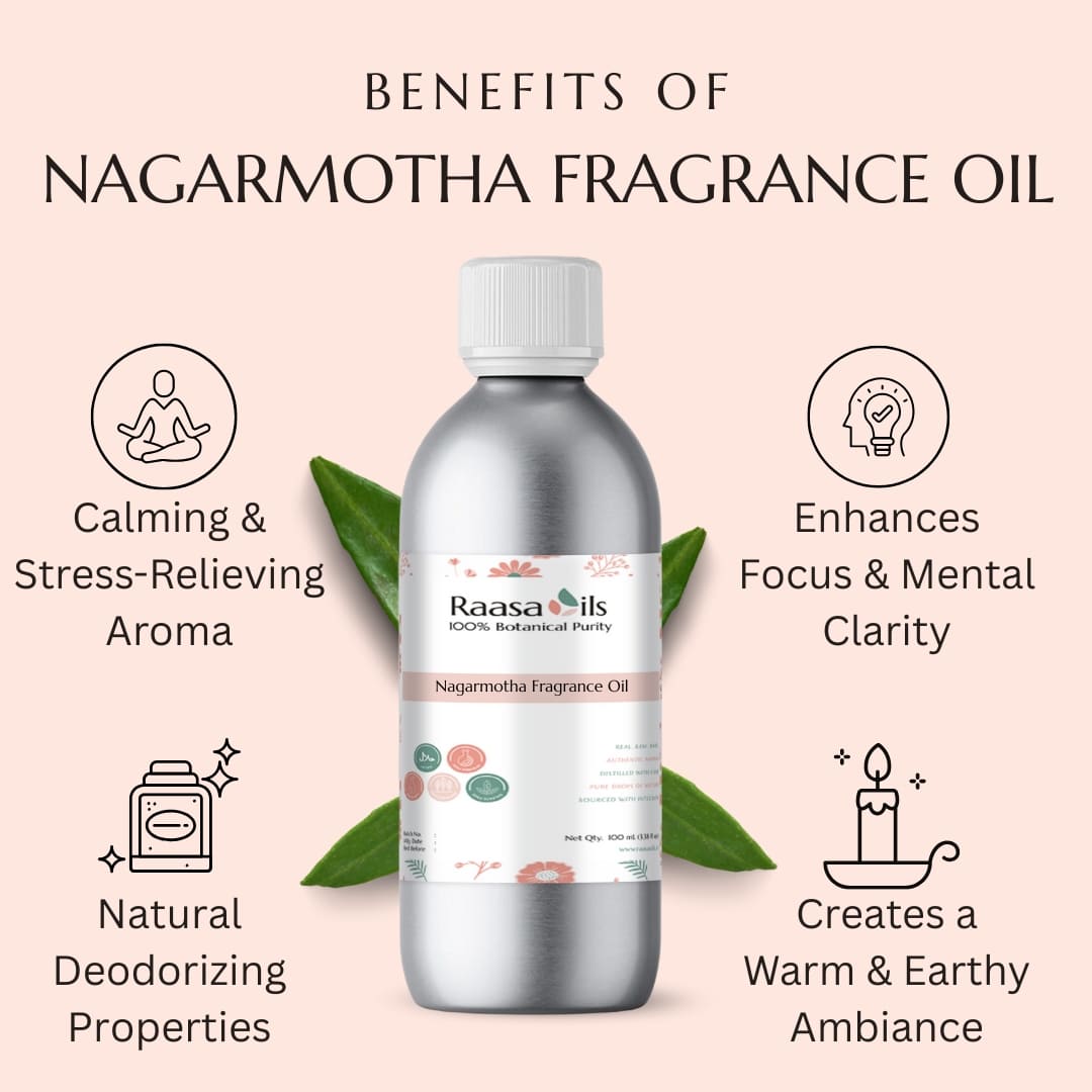 Nagarmotha fragrance oil bottle with benefits listed on a light pink background