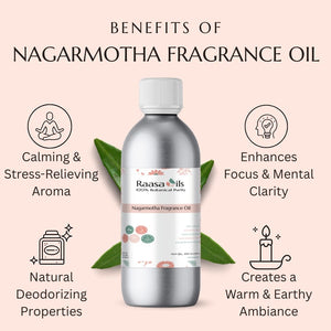 Nagarmotha fragrance oil bottle with benefits listed on a light pink background