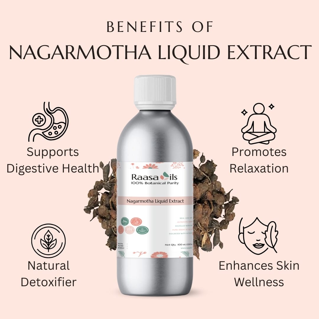 Bottle of Raasa Oils Nagarmotha Liquid Extract with benefits listed on a light pink background