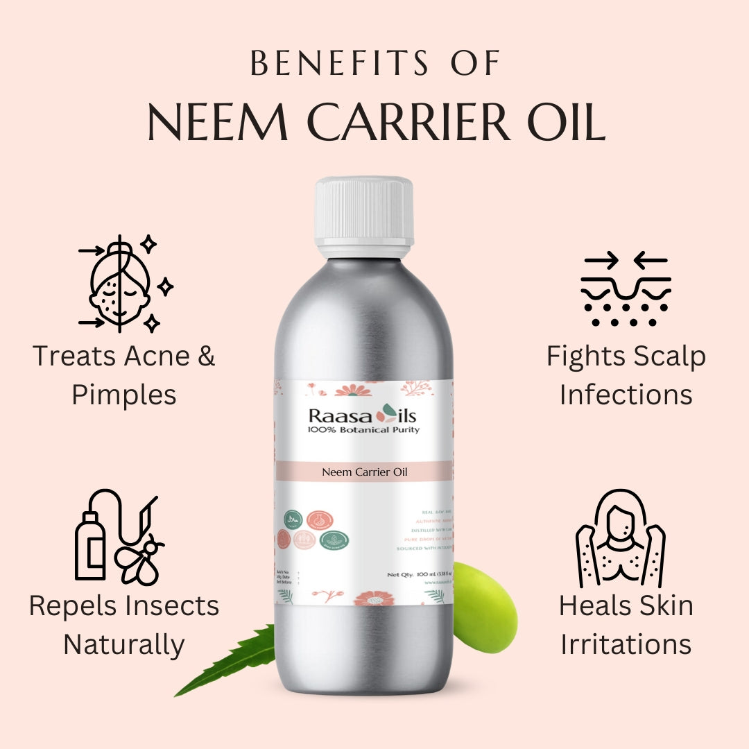 Bottle of Raasa Oils Neem Carrier Oil with benefits listed on a pink background