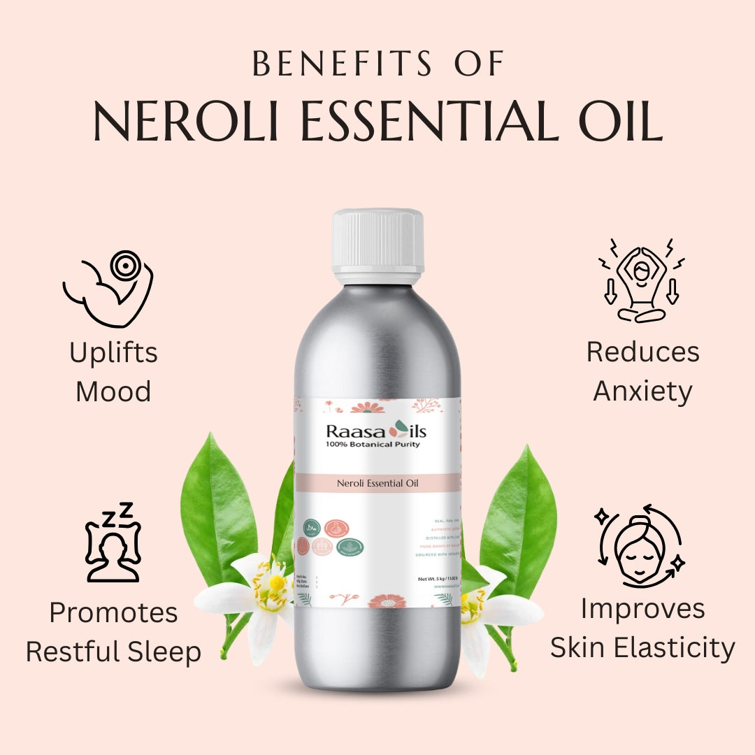 Raasa Oils Neroli essential oil bottle with benefits listed on a pink background