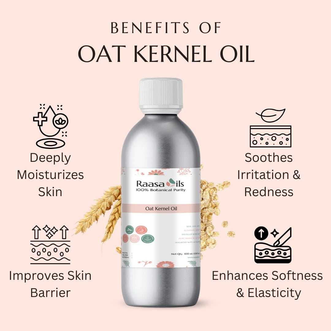 Bottle of Raasa Oils oat kernel oil with benefits listed on a pink background