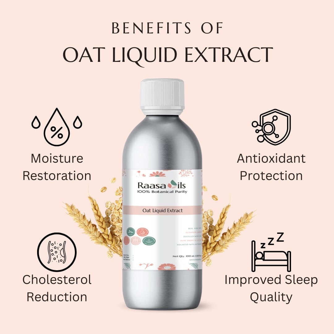 Bottle of Raasa Oils oat liquid extract with benefits listed on a pink background