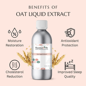 Bottle of Raasa Oils oat liquid extract with benefits listed on a pink background