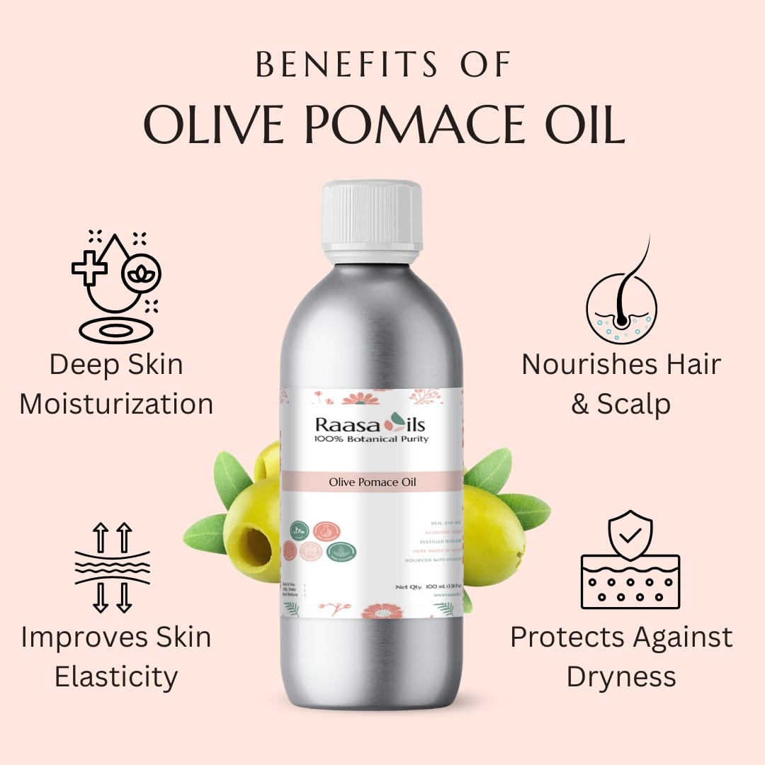 Bottle of Raasa Oils Olive Pomace Oil with benefits listed on a pink background