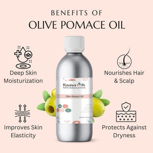 Bottle of Raasa Oils Olive Pomace Oil with benefits listed on a pink background