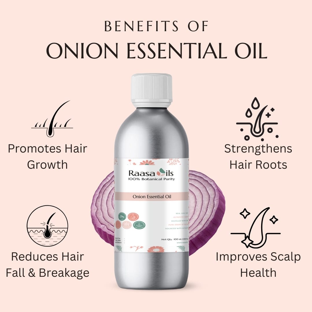 Raasa Oils onion essential oil bottle with benefits listed on a pink background