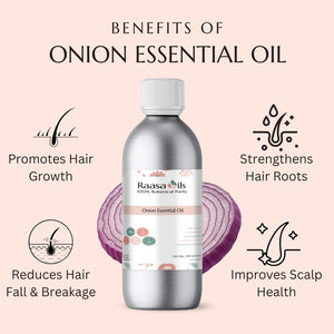 Raasa Oils onion essential oil bottle with benefits listed on a pink background