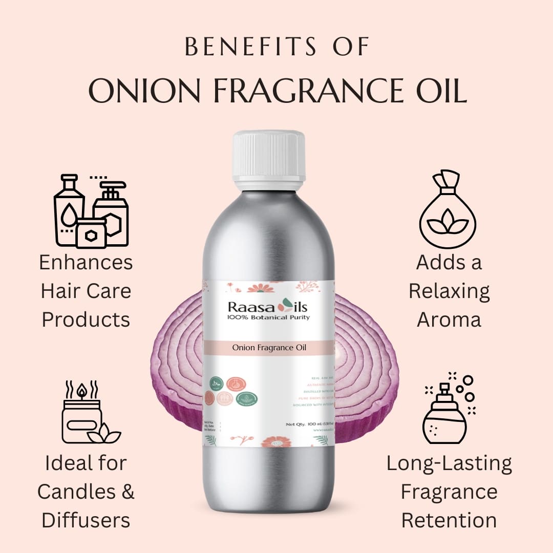 Bottle of Raasa Oils Onion Fragrance Oil with benefits listed on a pink background