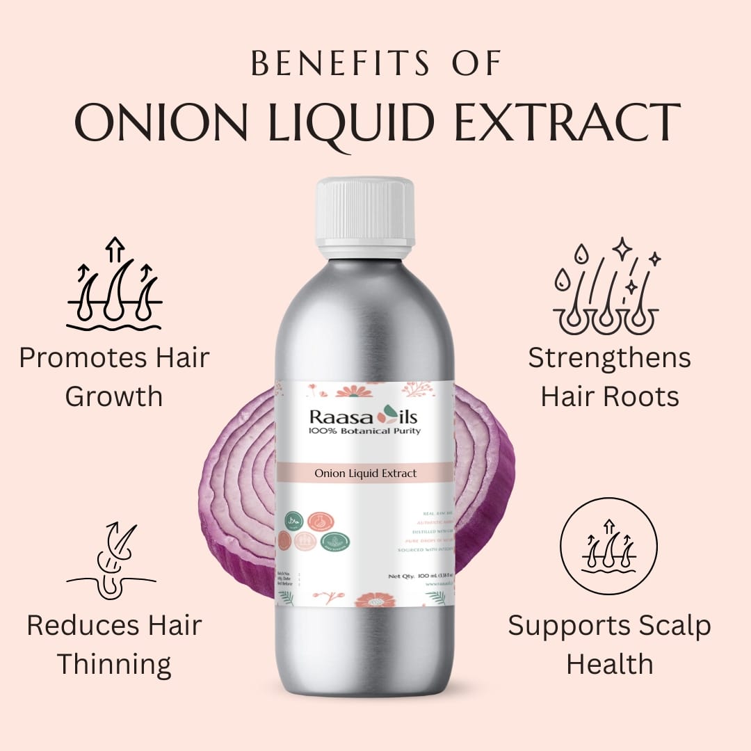 Raasa Oils Onion Liquid Extract bottle with benefits listed on a pink background