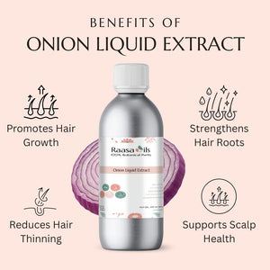 Raasa Oils Onion Liquid Extract bottle with benefits listed on a pink background
