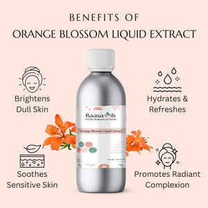 Raasa Oils Orange Blossom Liquid Extract bottle with benefits listed on a light pink background