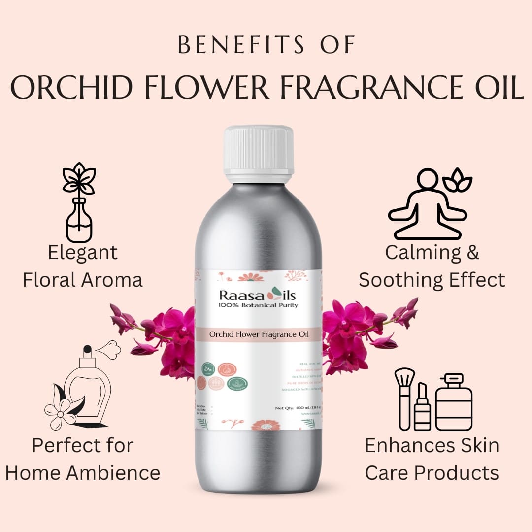 Raasa Oils orchid flower fragrance oil bottle with benefits listed on a pink background