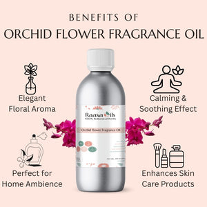 Raasa Oils orchid flower fragrance oil bottle with benefits listed on a pink background